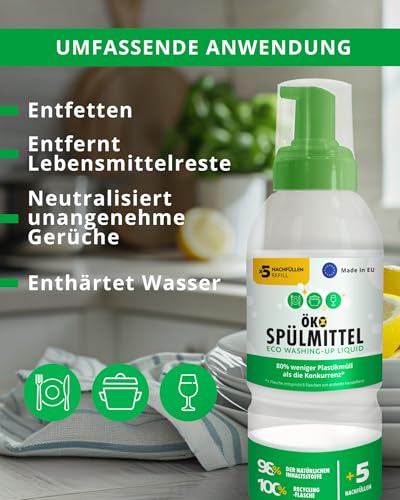 FixedNow Eko Płyn do Mycia Naczyń 500 ml z 5 tabletkami uzupełniającymi (odpowiednik 6 x 500 ml), pianka do mycia naczyń, Ekologiczny płyn do ręcznego mycia naczyń, butelka 500 ml z 5 wkładami