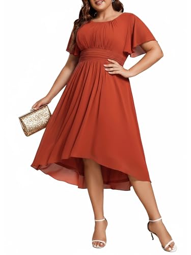 Image of Ever-Pretty Women's Plus Size Formal Wedding Guest Dresses for Curvy Women A Line Chiffon Midi High Low Cocktail Dress