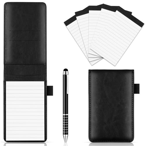 Comioke Mini Bloc de Notas, Libreta Pequeña de Bolsillo A7, Mini Libreta, Pequeño Bloc de Notas de Cuero con Bolígrafo y 4 x 60 Hojas Blocs de Notas de Repuesto, para Hogar, Escuela, Oficina (Negro)