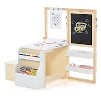 COSTWAY Kids Art Table and Chair, Children Activity Table with Double-Sided Easel, Paper Roll, Storage Trays, Bookshelf, Toddler Educational Toys Gift for 3 + Years Old (Natural+White)