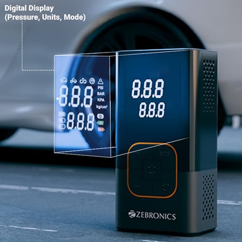 Image of Zebronics Cordless Tyre Inflator, 150 PSI, 4000mAh, Super Fast Inflation, Power Bank, Type-C, Digital Display, Flashlight, SOS Mode, Multiple Nozzles, for Car, Bike, Bicycle, Sports Balls (17TI4)