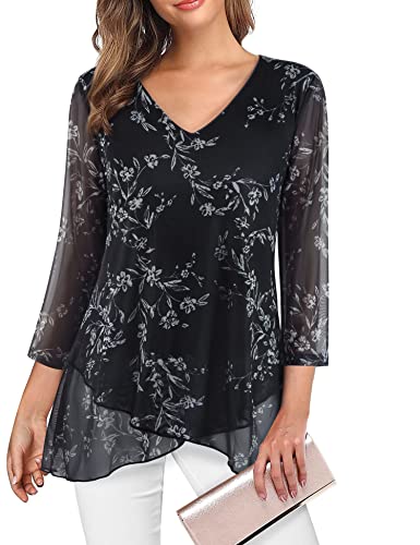 SeSe Code Womens Dressy 3/4 Sleeve Tunic Tops Asymmetric Hem Blouses Lightweight Mesh Shirt