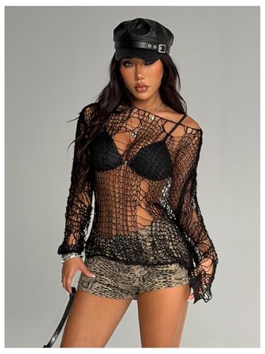 Image of SHENHE Women's Distressed Grunge Bikini Coverup Y2k Gothic Hollow Out Rock Concert Top