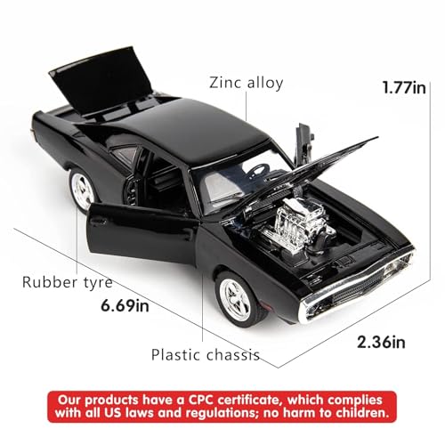 Image of Exclusive Alloy Metal Pull Back Die-Cast Car Diecast Metal Pullback Toy Car with Openable 6 Doors,Light Music Boys Gifts Toys (Fast & Furious 7 Dodge Charger - Black)