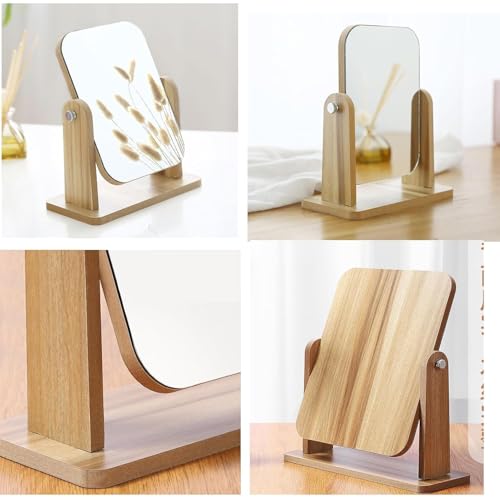 Image of Natural Wooden Tabletop Makeup Vanity Mirror with Broad Stable Base