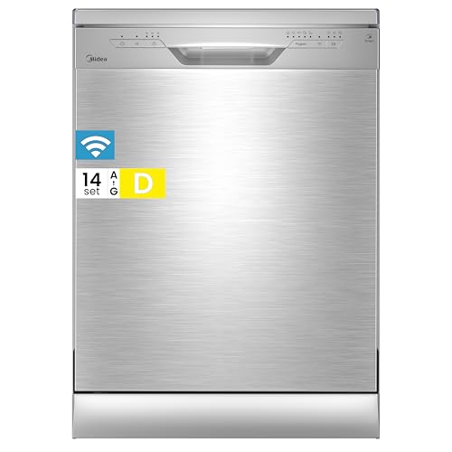 Midea Geschirrspüler 60cm Freistehend, SF 3.60N PRO Spülmaschine mit WLAN, 14 Maßgedecke, Geschirrspüler Unterbaufähig, 5 Programme, Höhenverstellbarer Oberkorb, 47 dB, Inox