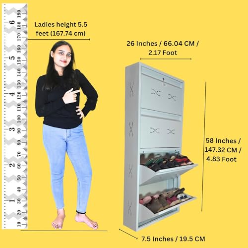 Image of I Double Decker Metal Shoe Rack I Double Lock I Wall Mounted I 4 Shelve (Ivory Colour) I Coad LC 2DDL-04 IV I Height 58 Inches, Width 26 Inches, Depth 7.5 InchesI 3 Years Warranty.