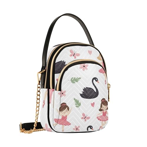 Cute Cartoon Ballerina White Women Single Shoulder Purse Chain Strap Cell Phone Purse Floral Print Designer Clutch Ladies Zipper Tote, 5.9" × 8.3" × 3.1"2