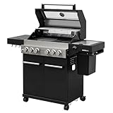 FEUERGOTT Gasgrill Hektor 4B-S Edelstahl Gasgrillstation 4 Brenner, Infrarot Sear-Brenner, Gusseisen-Grillrost, Heckbrenner, Seitenkocher und Kochplatte Inkl. Abdeckhaube für Garten, Terrasse