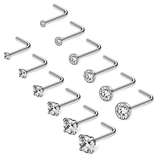 Ruifan 12PCS 20G 316L Surgical Steel 1.5mm 2mm 2.5mm 3mm 3.5mm 4mm Clear Round Diamond Cubic Zirconia Crystal Nose L Shaped Studs Rings Piercing Jewelry - Silver