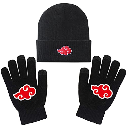 Antsparty Narutos Kit, Akatsuki Beanie Knitted Hat + Finger Gloves Narutos Akatsuki Unisex Solid Clouds Hat Winter Knitted Warm Cap Knitted Gloves for Narutos Fans Black
