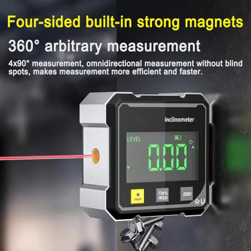 Image of Digital Laser Angle Finder inclinometer, Protractor Tool, 4x90 High Accuracy, Large LED Display, Magnetic Base, USB Rechargeable, for Woodworking, Metalworking, Construction & DIY