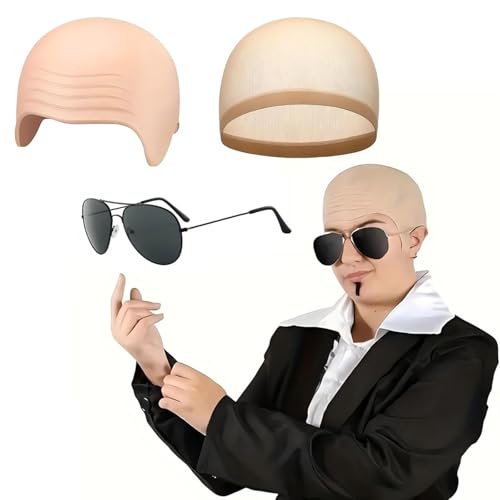 LandReCol Latex Glatze Maske, Pitbull Kostüm Set, Glatzenkappe mit Pitbull Sonnenbrille und Hautnetz, Realistisches Verkleidungsset für Halloween und Cosplay, 3 Set für Erwachsene Zubehör Cosplay Hut