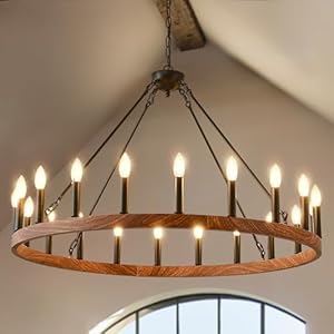 Wagon Wheel Chandelier 40 with Wood Grain Finish 20 Light Farmhouse Wagon Wheel Chandelier for Dining Room Modern Round Iron Candle Chandeliers Light for Living Room Foyer Entryway E12