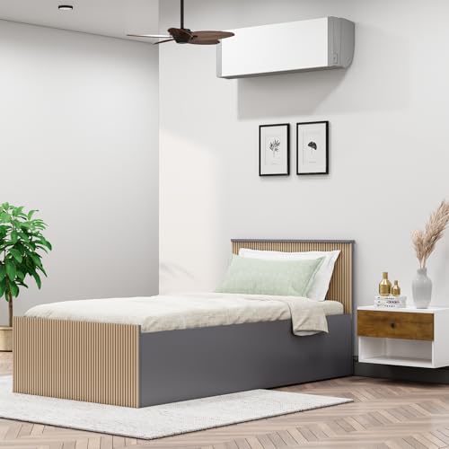Image of Bniture Modern Single Size Bed with Storage Box | Engineered Wood Bed 3D Textured Panels | Dual Tone Cupboard for Bedroom | Wooden Bed Single Beds Storage (Grey & Giant Wood, Single)