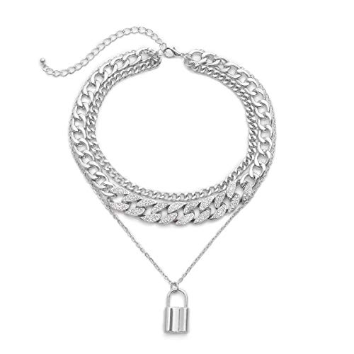 Yfstyle Layered Lock Cuban Chain Necklace Punk Hip Hop Choker Necklace Rhinestone Cuban Link Chain Choker Adjustable Multilayer Cuban Link Chain Necklace for Men Women-Cuba silver