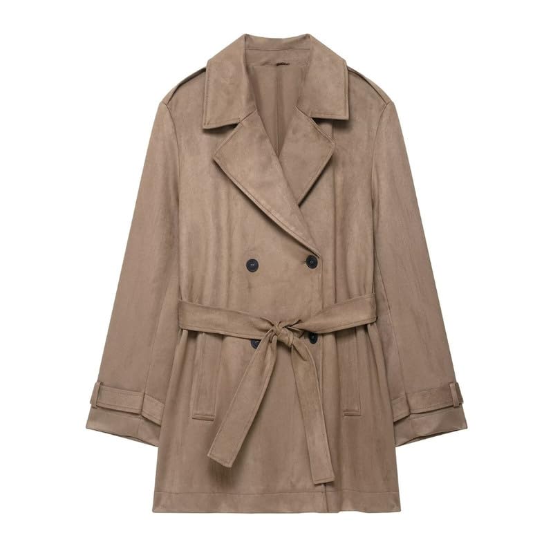 Women’s Suede Effect Windbreaker | Double-Breasted Midi Length Coat with Suit Collar Belt & Buttons-image-42