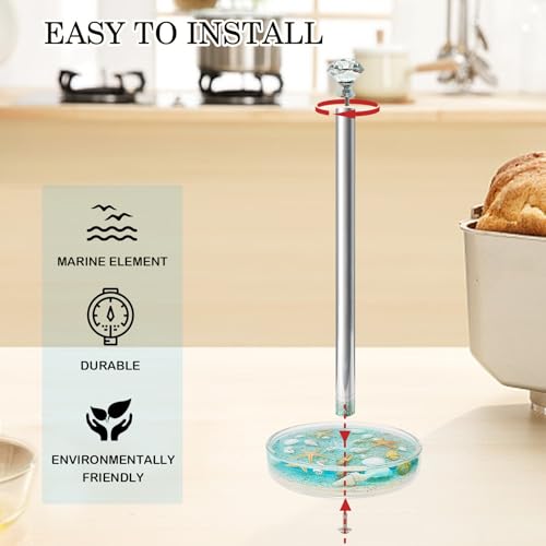 Image of FONMY Paper Towel Holder Countertop Acrylic w /Nature Seashell Handmade,Seascape Standing Paper Towel Roll Holder for Kitchen Bathroom, with Weighted Base Suction Cups for One-Handed Operation (Blue)