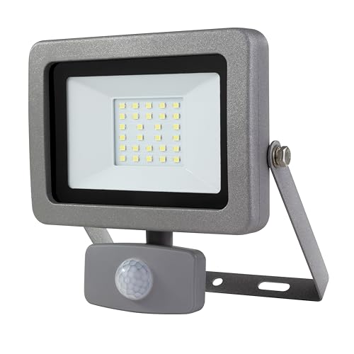 REV Außenlampe mit Bewegungsmelder FLARE - Wandlampe IP44, LED Lampe 20W, 1700 Lumen, 6500K, Erfassungswinkel 120° auf 9m, silber