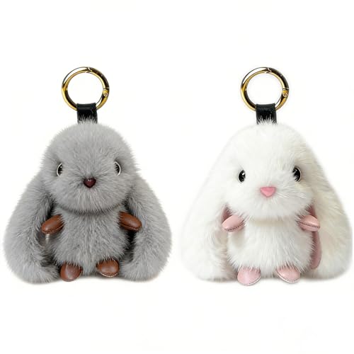 CHUANFU 2 Pièces Porte-Clés Lapin en Peluche, Porte Clef Peluche Lapin Accessoire de Pendentif, Charme de Sac Animal Mignon Keychain, Porte-Clés Femme pour...