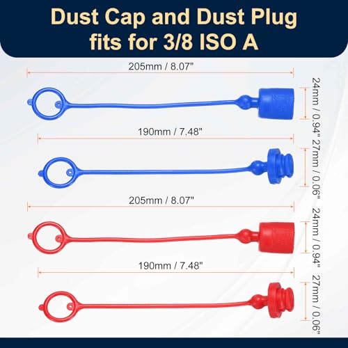 Image of HARFINGTON 2Sets 3 /8 Hydraulic Hose Dust Cap and Plug Kit, ISO-A Male Dust Cap & Female Plug Cover Quick Disconnects Air Coupler Cover Port Plug Fittings with Retention Ring, Red /Blue
