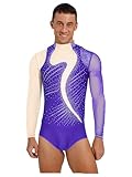ranrann Maillot Competición de Baile para Hombre Leotardo Ballet de Manga Larga con Pedrería Brillante Camisa Baile de Salón Latín Patinaje y Gimnasia S-xxl Púrpura L