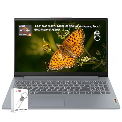 Image of Lenovo IdeaPad Slim 3i 15.6 FHD Touch Laptop, AMD Ryzen 5 7520U(Beat i7-1255U), AMD Radeon 610M, Artic Grey, Backlit, 8GB RAM DDR5 1TB SSD, WiFi6, Win11,Bundle with 2TB Flash Drive, W /GaLiMu