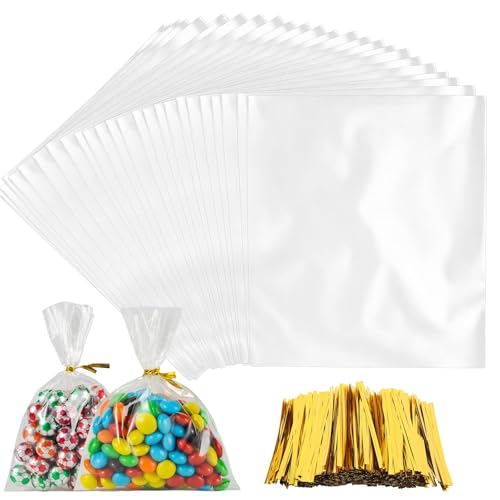 Woobroo 300 Sachet Plastique Transparent15x10cm avec 300 Attaches Dorées - Pour Bonbons, Biscuits, Cadeaux - Idéal Fêtes, Mariages, Commerces Alimentaires