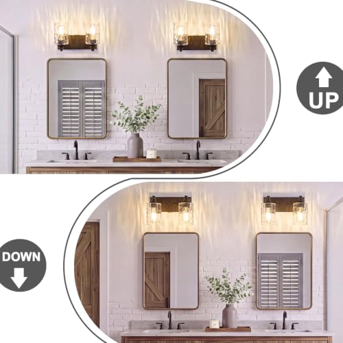 Image of 2-Light Bathroom Light Fixtures Modern ORB Vanity Lights | Easy to Install Clear Hammered Glass Shades, Rippled Glow, Wall Mount Up or Down, E26 Socket, Hardwired, 120V