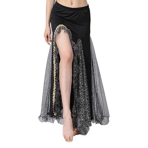Frauen Bauchtanz Rock Glänzende Tanzkleider Langer Rock mit Schlitz Sexy Bauchtanz Kostüme Schöner Tüllrock Mädchen Tanzkleidung