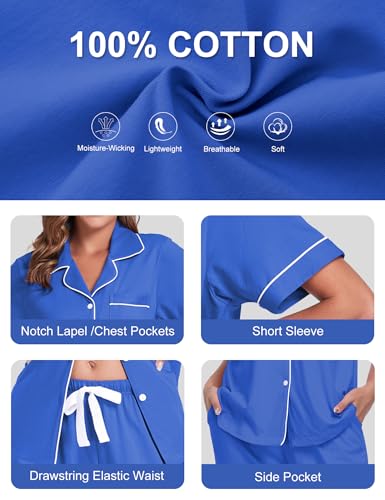 Image of COLORFULLEAF Women's 100% Cotton Pajamas Set Button Down Sleepwear Short Sleeve Shirt and Long Pants Soft Ladies Lounge Sets