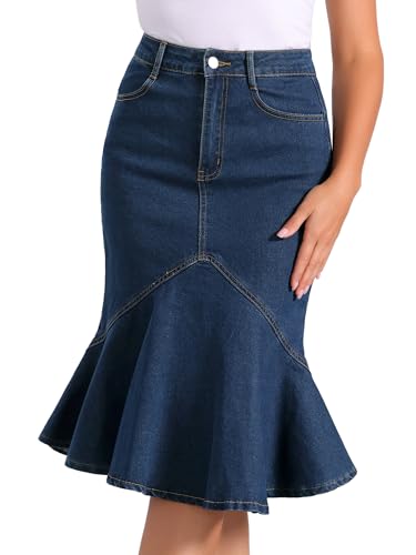 Allegra K Denim Jean Skirt for Women's High Waist Bodycon Ruffles Fishtail Skirts Medium Deep Blue