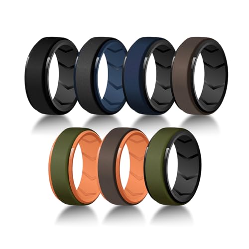 8mm Wide 7-Pack Dual Color Men's Silicone Rings - Breathable Sports Wedding Bands for Men - Size 7-15 Rubber Ring