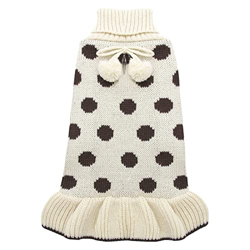 KYEESE-Dog-Sweater-Dress-Polka-Dot-Turtleneck-Medium-Dogs-Sweaters-Beige-with-Leash-Hole-Knit-Pullover-with-Pom-Pom-Ball