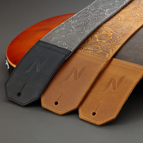 Nefelibata Guitar Strap,3" Wide Full-Grain Sculpted Leather Guitar Straps With Soft Padding For Bass, Electric & Acoustic Guitar (Sahara Yellow Embossed) #TOP4