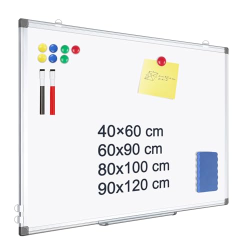 Pizarra blanca magnética 80x100 cm con marco de aluminio y bandeja para rotuladores