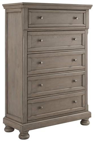 Image of Signature Design by Ashley Lettner Chest of Drawers, Tall Dresser, 5 Drawer Clothing Storage for Master Bedrooms, Veneers, Wood and Engineered Wood, Light Gray, 40 inchW x 18 inchD x 58 inchH