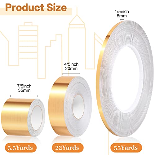Zonon 3 Rolls Multi Size Self Adhesive Polyester Film Tape 1/5, 4/5, 7/5 Inch Washi Metallic Tape for Detailing Accent Graphic Arts for Walls Cars and Boats Trim(Gold) - Image 3