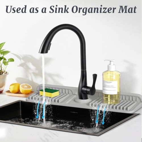 Image of PoYang 17.7 inch Faucet Mat for Kitchen Sink Splash Guard, 7 Slope Silicone Sink Water Splash Guard for Kitchen Sink Area with Snap, Long Sink Protectors for kitchen Sink Sponge Holder, Light Grey