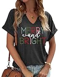 Merry and Bright Christmas V Neck Shirt for Women Funny Colorful Letter Print Short Sleeve Tee Matching Family Xmas Holiday Graphic Winter Tops(L,R-Grey)