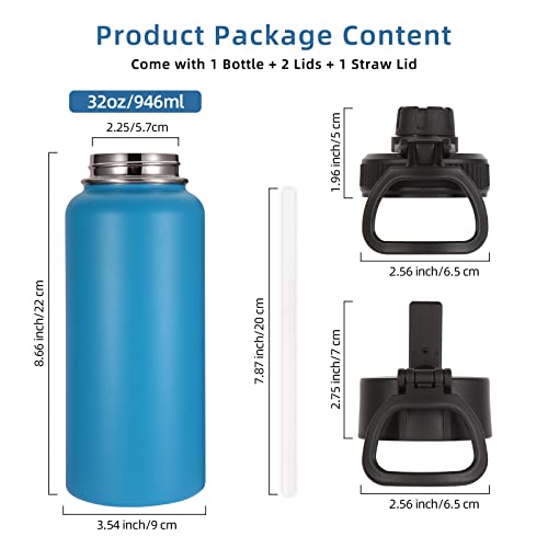 Image of Volhoply 32 oz Insulated Water Bottles Bulk 4 Pack with Straw Lid & Spout Lid,Stainless Steel Sports Water Bottle,Double Wall Vacuum Cups,Leakproof Wide Mouth Metal Flask for Hiking,Camping(Blue,4)