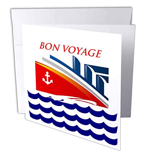 3dRose Lens Art by Florene - Nautical DÃ©cor II - Image of Words Bon Voyage with Cartoon Ship and Ocean Waves - 1 Greeting Card with Envelope (gc_317576_5)