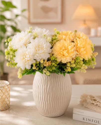 Image of Divyakosh Artificial Flower Bunch Set of 2 (Vase Not Included) | White + Peach | 8 Large Flowers, 8 Filler Stems | 35 cm Decorative Artificial Flowers for Home, Living Room & Table Decor
