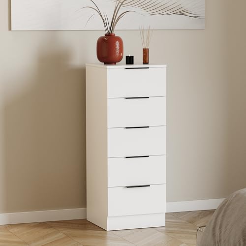Vida Designs Trega 5 Drawer Narrow Chest of Drawers White - Slim Space-Saving Bedroom Storage Unit - 90Hx34.5Wx36Dcm - Anti-Bowing Support Black Handles Glide Runners - For Small Rooms & Nursery
