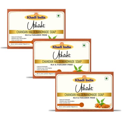 Image of Khadi Chandan Haldi Handmade Bathing Soap Bar 125g (Pack of 3) | Natural & Herbal Anti-Aging Soap for Glowing Skin | Fades Dark Spots & Pigmentation | Reduces Acne & Pimples | All Skin Types