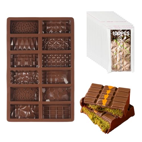 DOCMON 12 In 1 Chocolate Molds, 1 Inch Deep Dubai Silicone Chocolate Bar Mold with 100Pcs Storage...