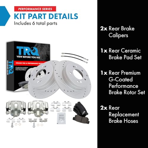 Image of TRQ Performance Rear Brake Pad and Rotor Set Ceramic Slotted Drilled G Coated Rotors Calipers Compatible with 2006 Hyundai Sonata