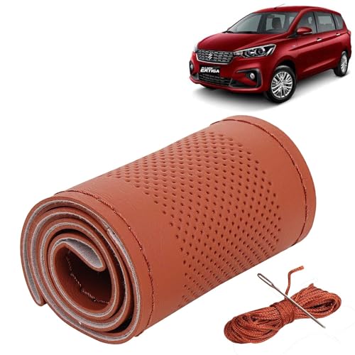 Image of KINGSWAY PU Leatherite Car Steering Cover Sewable Compatible with Maruti Suzuki Ertiga (Year 2018-2022), Tan Color with Tan Thread, Pack of 1 with Sewing Needle and Thread