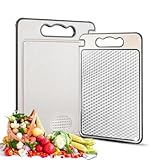 Stainless Steel Cutting Board for Kitchen, Double Sided Chopping Board, Mesh Design, Scratch-Resistant, Juice Groove, Non-Slip Silicone Wrap, Dishwasher Safe, Large, Non-Toxic, Easy to Clean