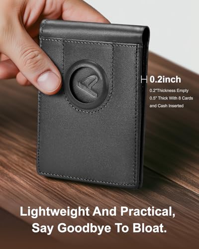 ALLIVE Airtag wallet for men - Genuine Leather Mens Wallet RFID Blocking Slim Billfold with Built-in AirTag Holder, 8 Card Slots, Minimalist Front Pocket Wallet with Gift Box (Classic Black)2